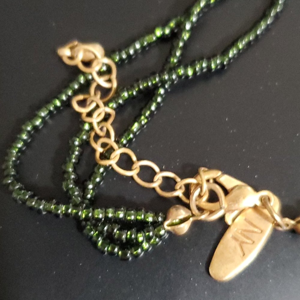 Green & Black Beaded Charm Necklace 3 Layred Link Chain Strands Longest is 34" - Picture 5 of 5